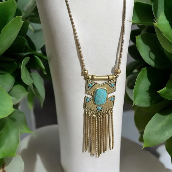 Gold Turquoise Fringe Necklace & Earring Set - Picture 5 of 16